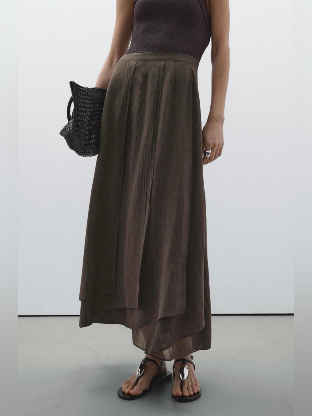 Massimo Dutti Brown Flowing Midi Skirt